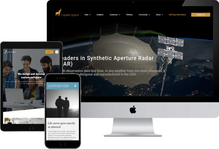 A desktop, tablet, and mobile device showing example websites